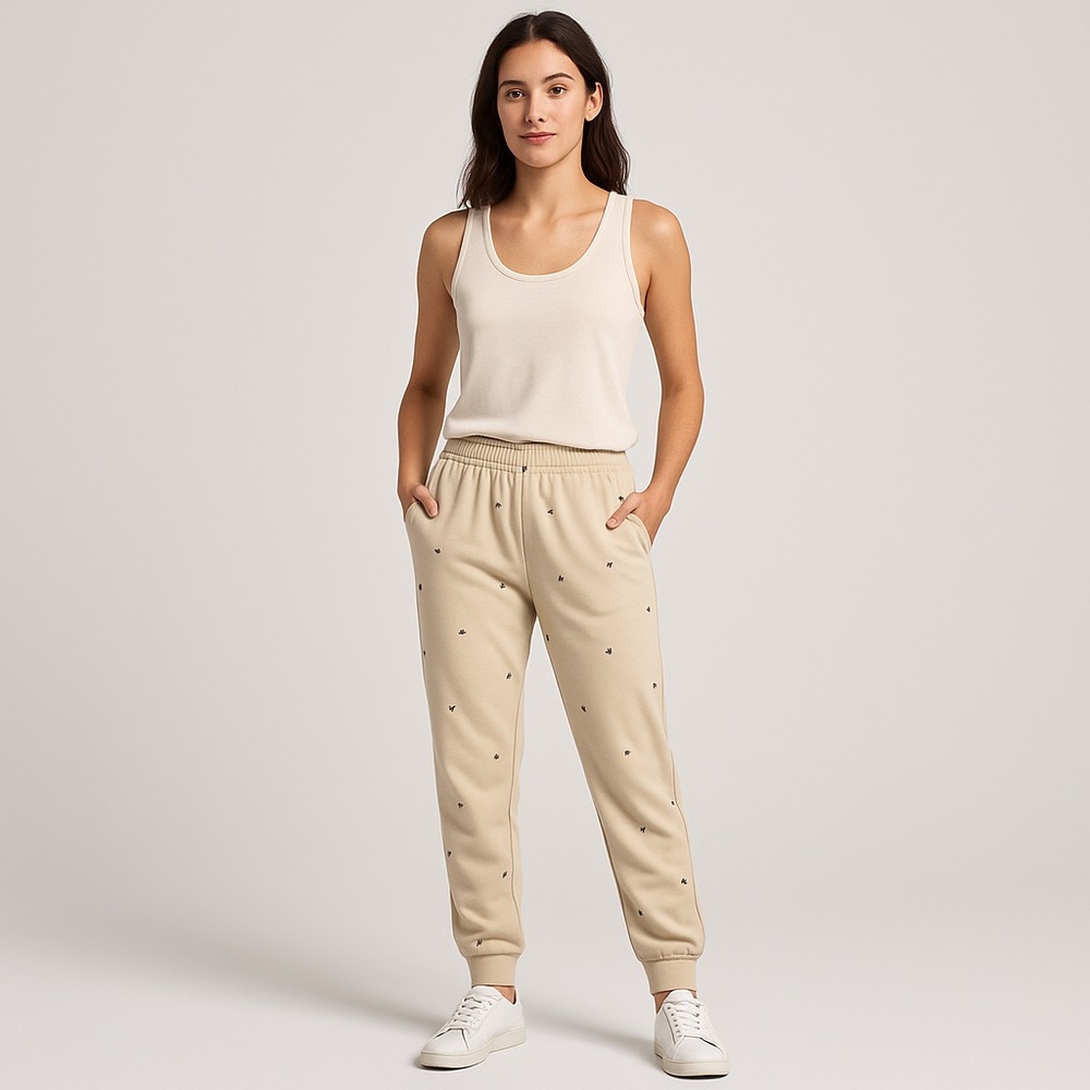 Paper Label Women’s Beige Sweatpants Small | Relaxed Fit Lounge Joggers leafs